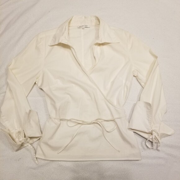 White Cotton Wrap Top Collared Tie Long Sleeves Preppy Blouse Medium Smart Set - Picture 13 of 15